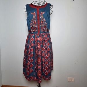 NWT ModCloth Embroidered Floral Fit & Flare Dress Blue Red Boho Sleeveless M
